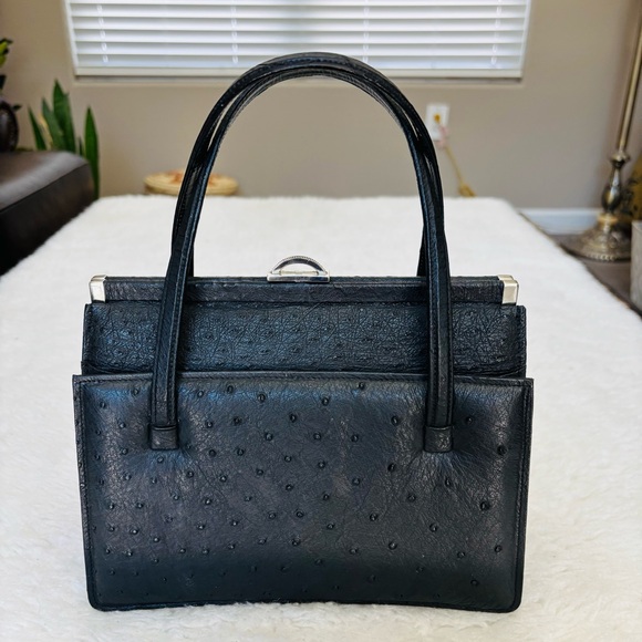 Genuine Vintage Ostrich Skin Leather Elegant Black Small Handbag - Picture 1 of 16